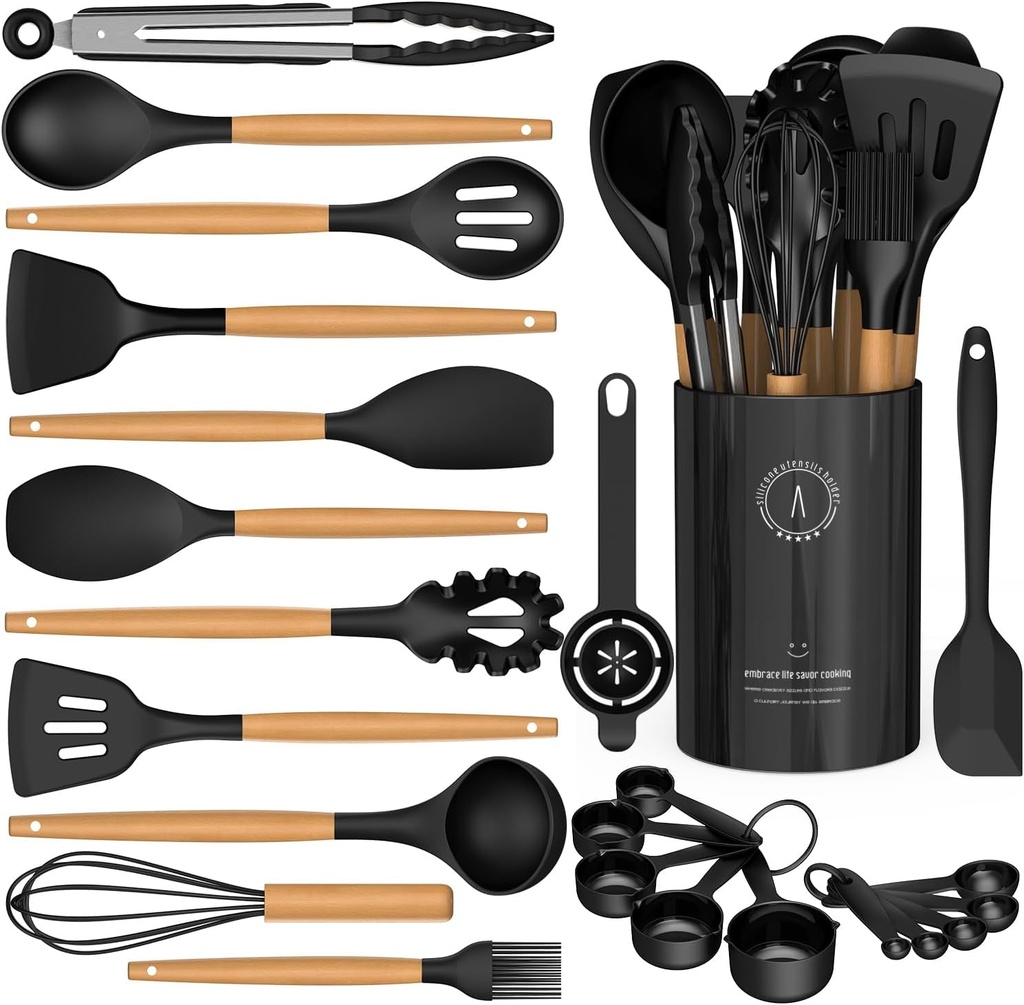 Heat Resistant Silicone Cooking Utensils Set with Wooden Handles